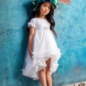 9132-Viktoria - White maxi φόρεμα με μανικάκια 9132